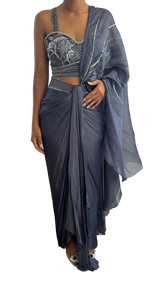 Smoky Blue Sari with Silver Blend Beading