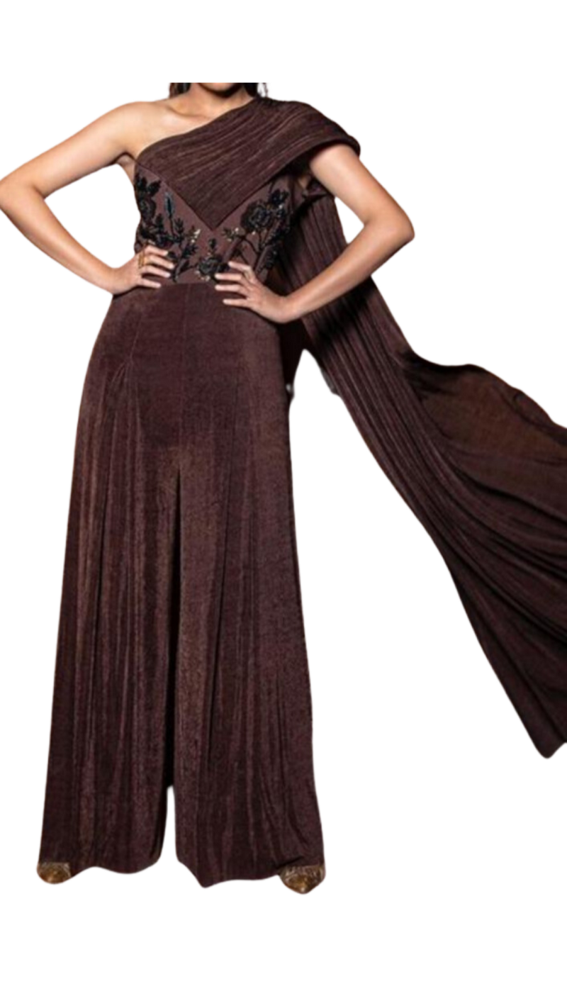 Chocolate Embellished Draped Cape Jumpsuit