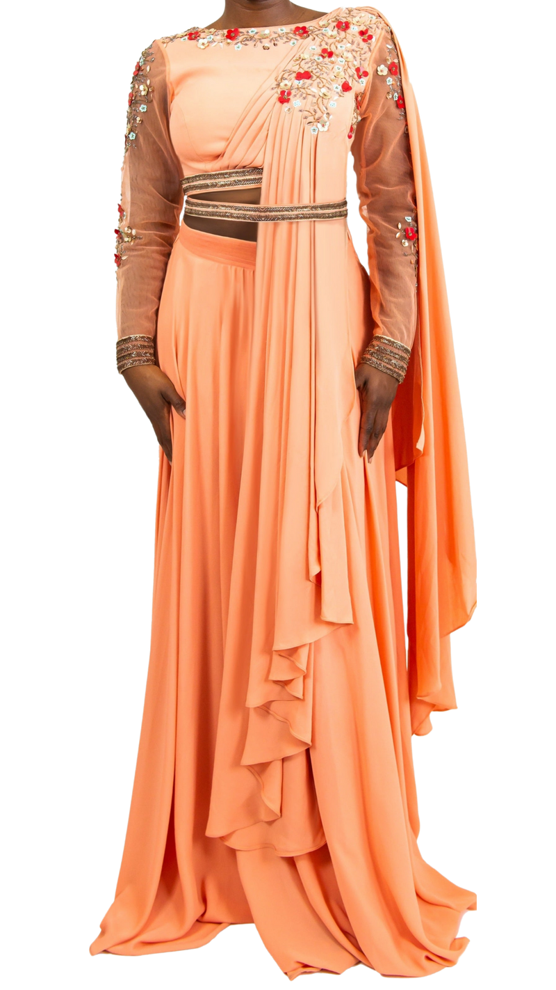 Coral & Floral Embroidered Pre-Draped Belted Sari