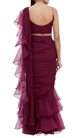 Maroon Ruffle Draped Sari Set