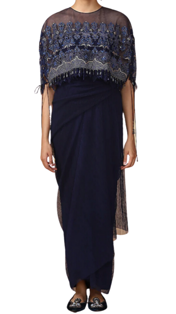 Navy Blue Embroidered Cape with Dhoti Skirt