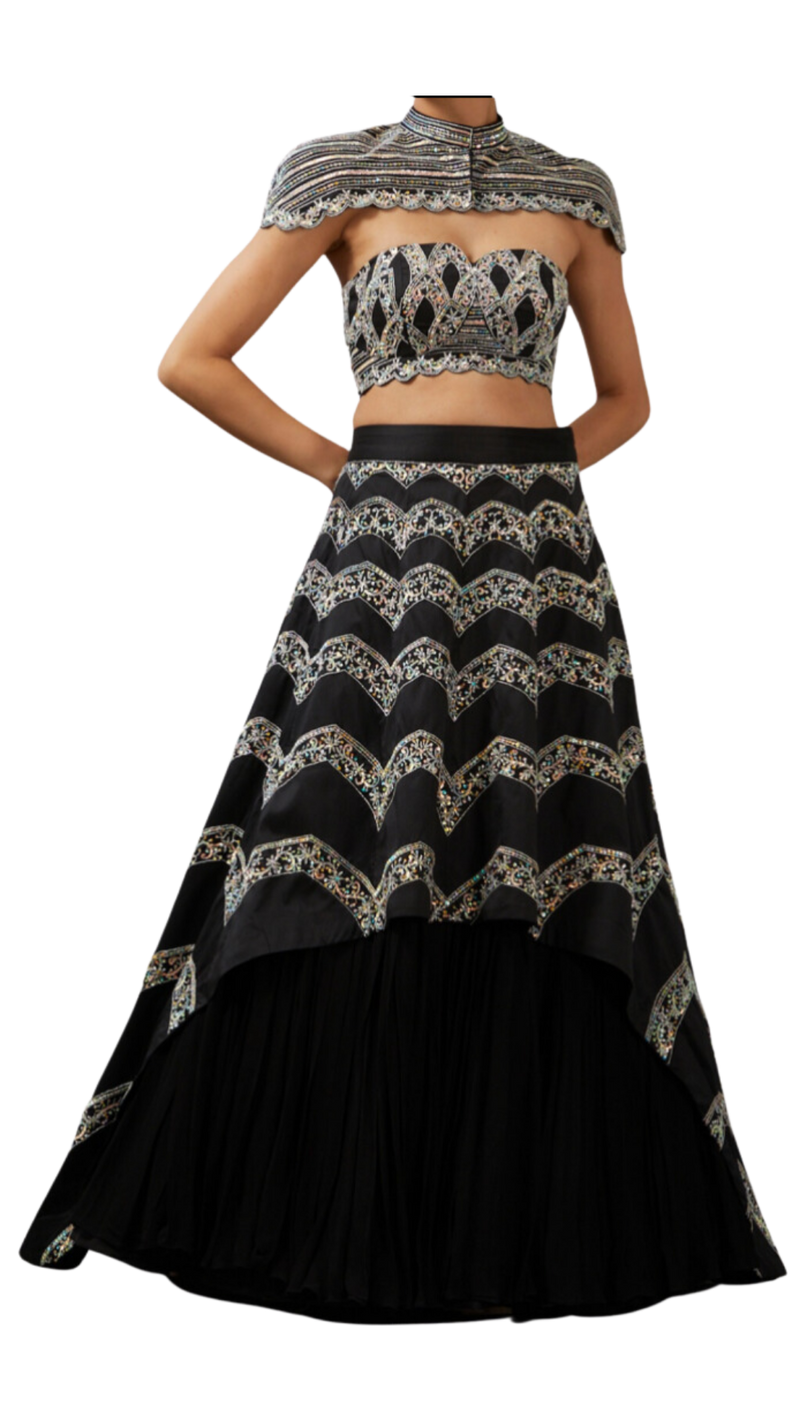 Opaque & Black Embellished Cape Lehenga