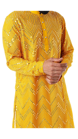 Mens Deep Yellow Kurta with Mirrored Embroidery