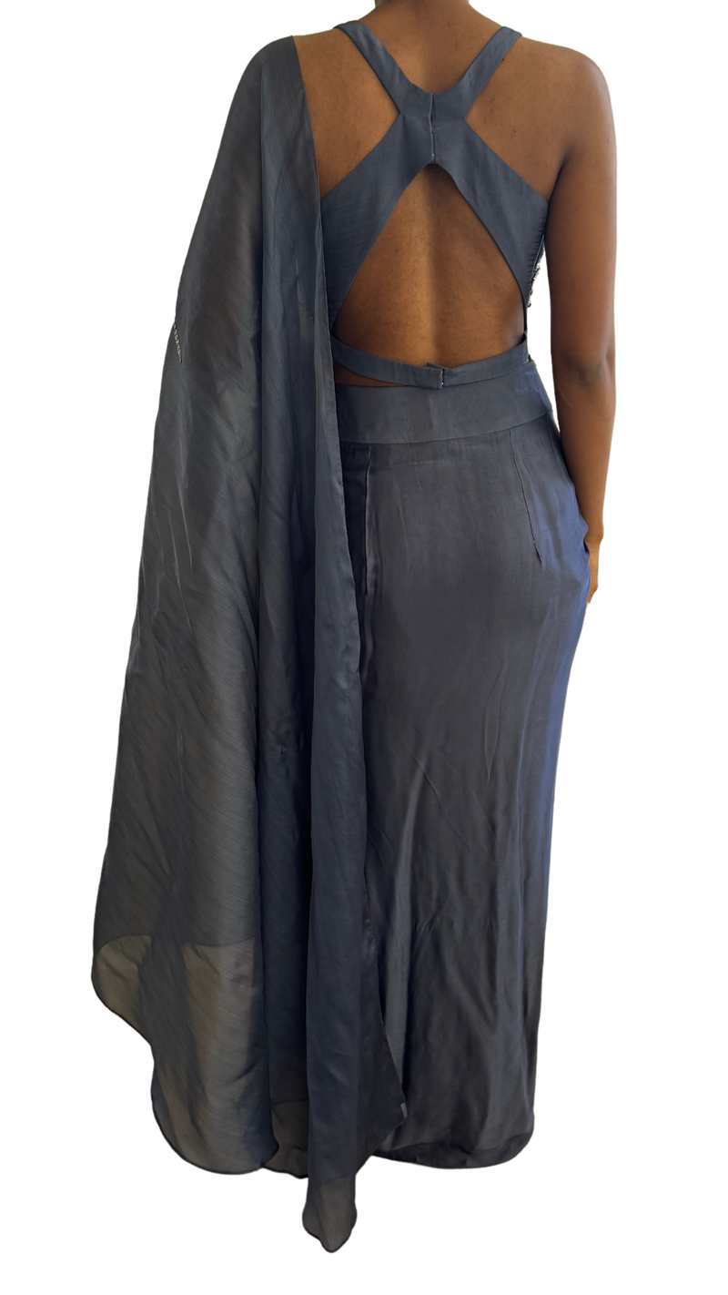 Smoky Blue Sari with Silver Blend Beading