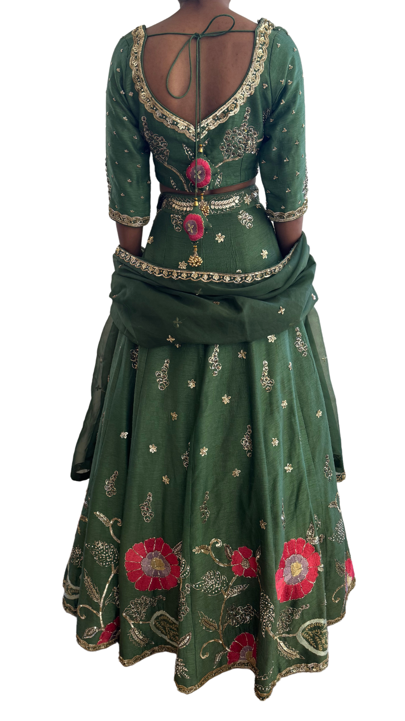 Dark Green Floral & Gold Embellished Lehenga