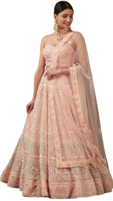 Peach Net Fully Beaded Floral Embellished Lehenga