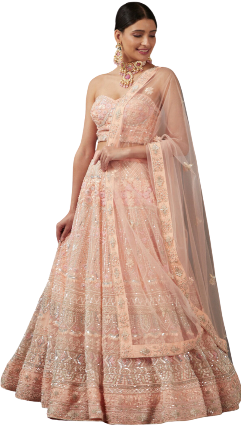 Peach Net Fully Beaded Floral Embellished Lehenga