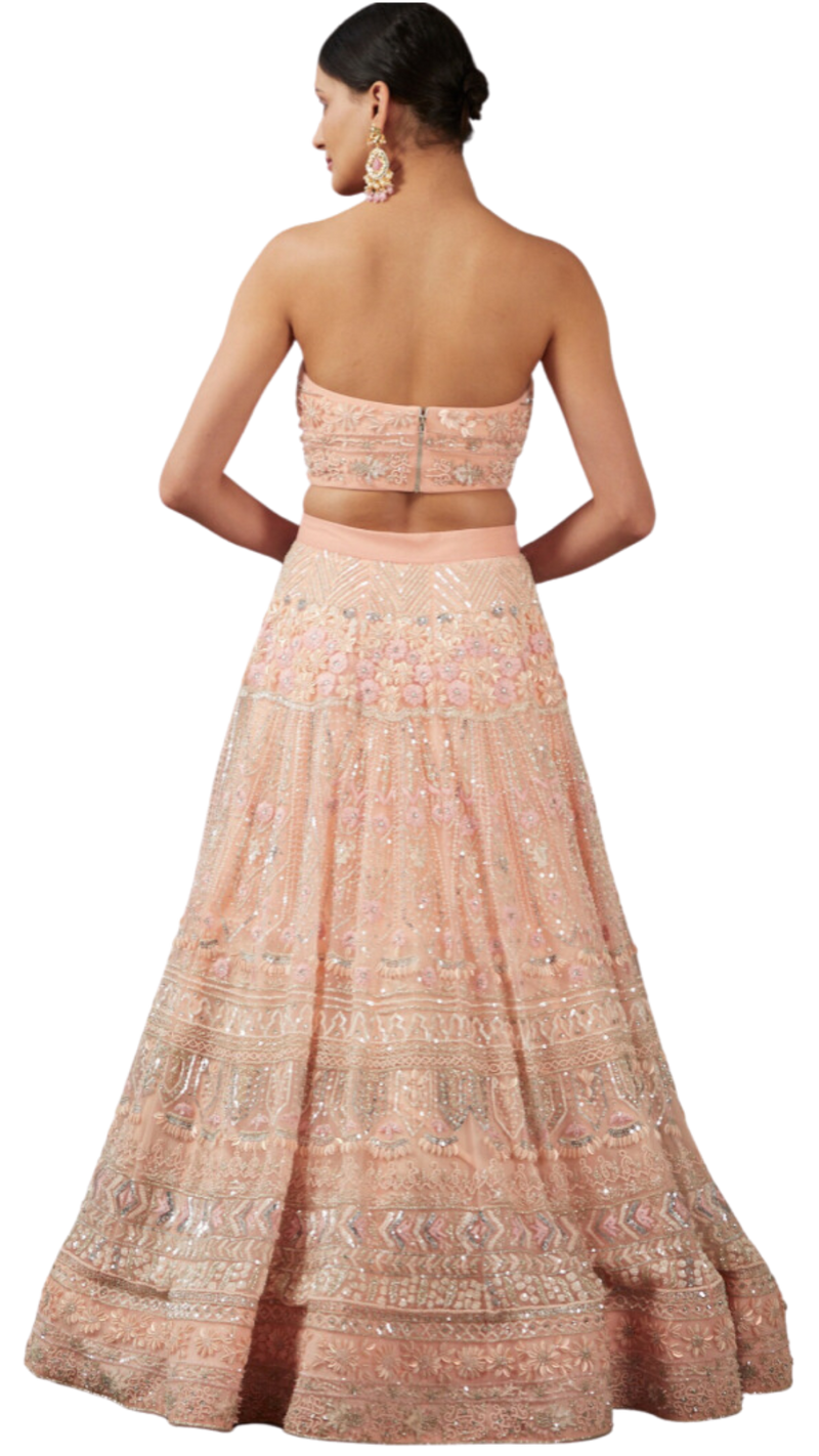 Peach Net Fully Beaded Floral Embellished Lehenga