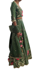 Dark Green Floral & Gold Embellished Lehenga