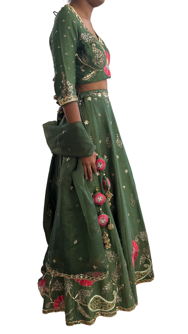 Dark Green Floral & Gold Embellished Lehenga