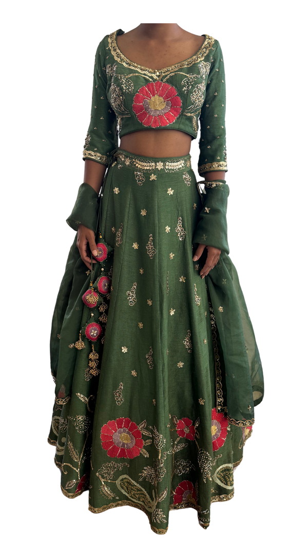 Dark Green Floral & Gold Embellished Lehenga