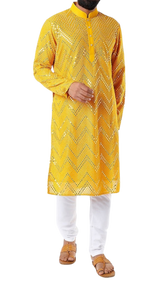 Mens Deep Yellow Kurta with Mirrored Embroidery