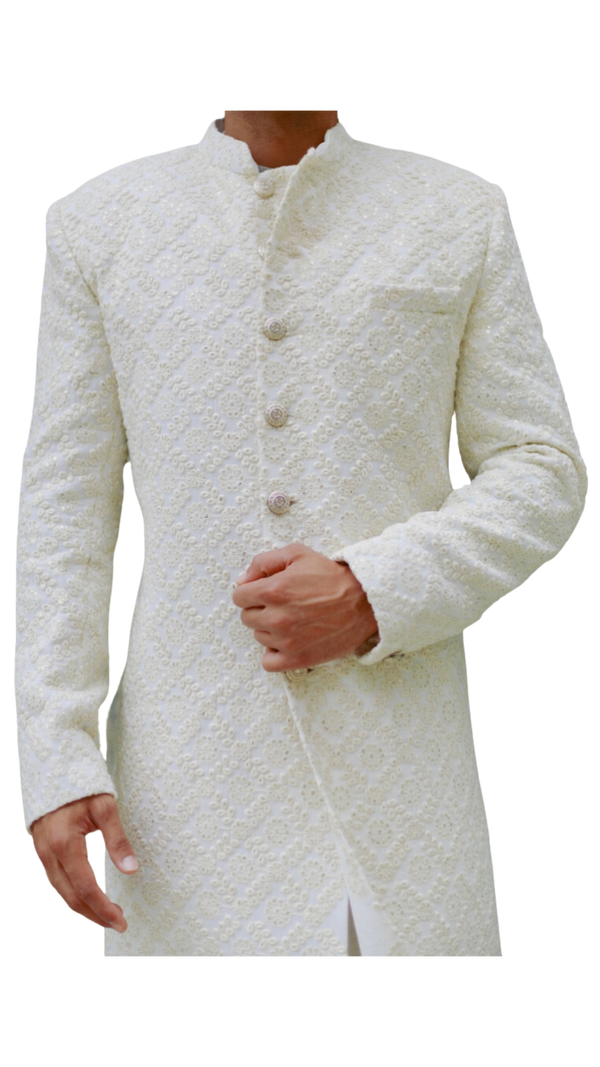 Mens Ivory Lakhnavi Sherwani Set