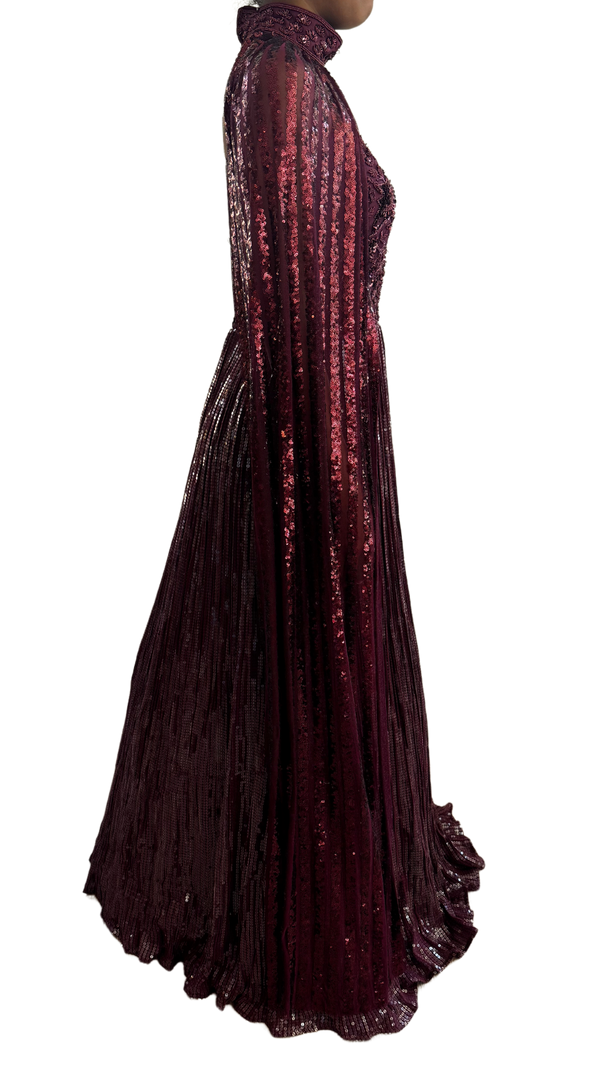 Maroon Fully Sequined & Beaded Cape  Gown