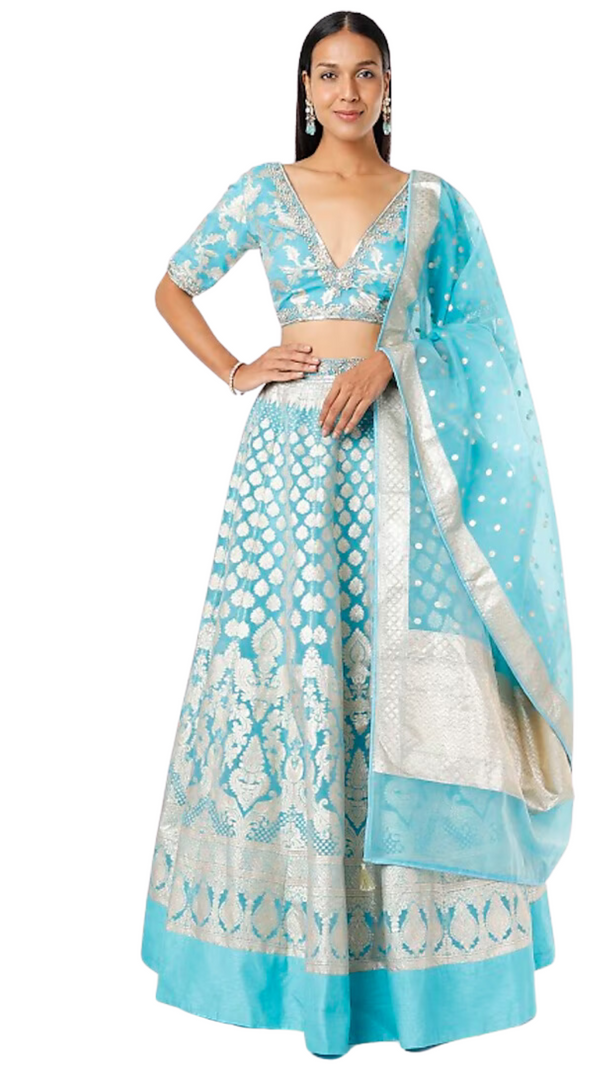 Bright Blue Based Organza Banarasi Lehenga