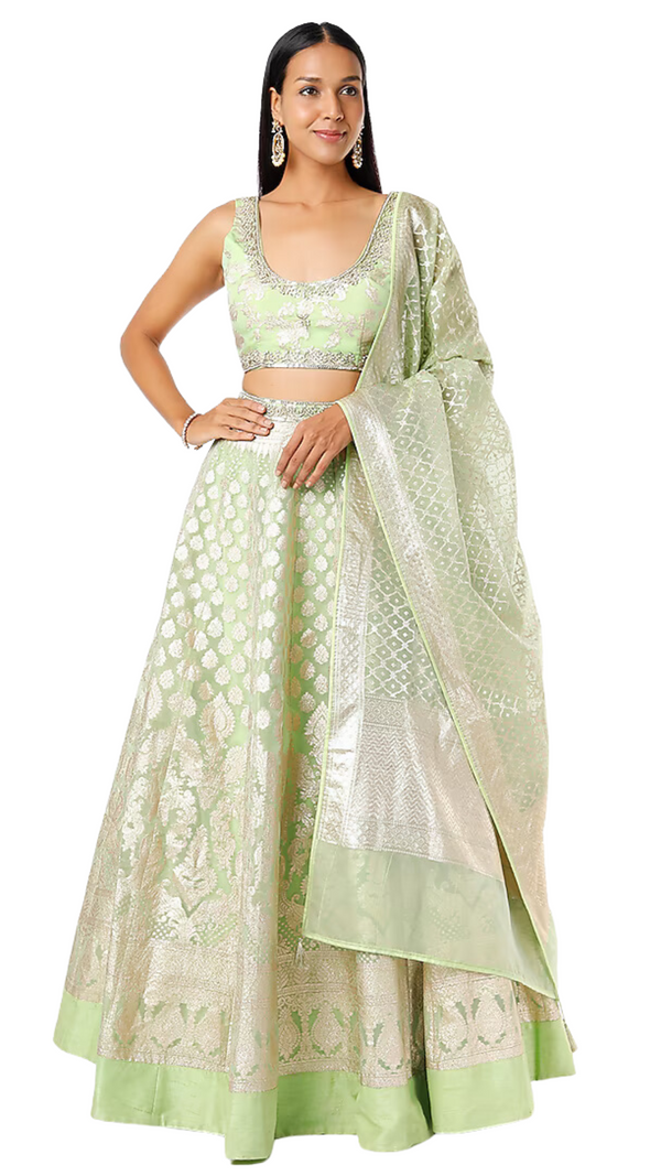 Lime Green Sleeveless Banarasi Lehenga