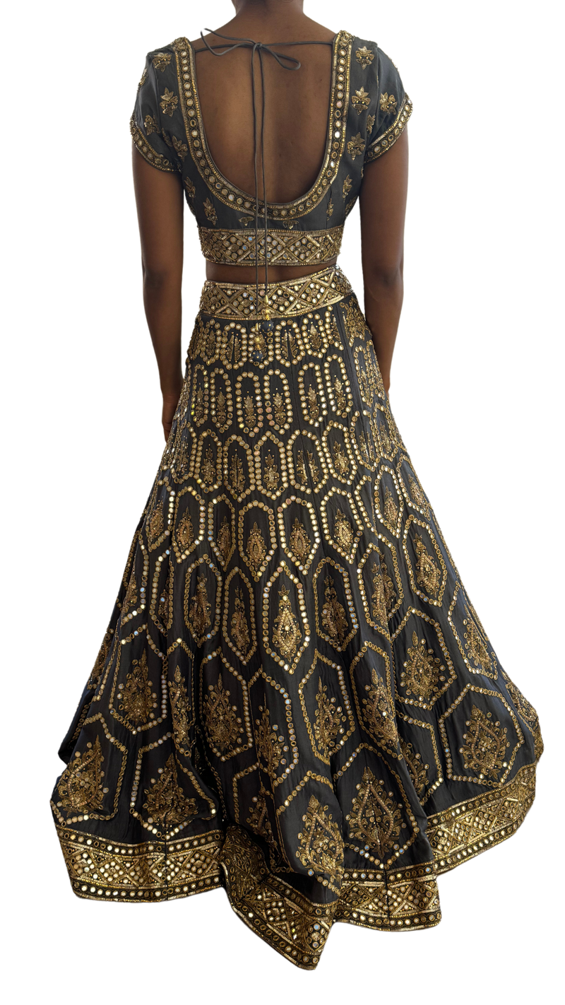 Charcoal & Gold Heavily Mirrored Lehenga