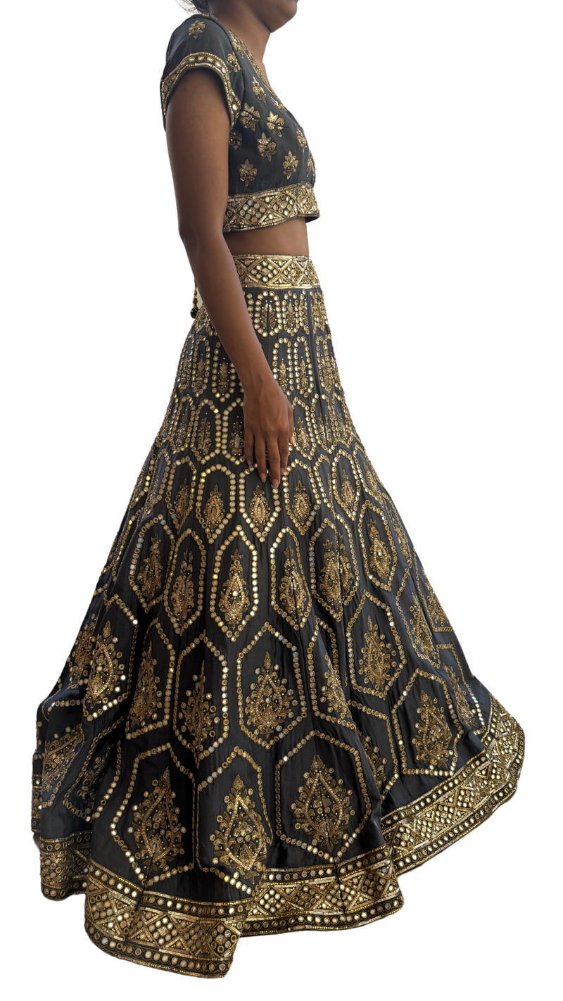 Charcoal & Gold Heavily Mirrored Lehenga