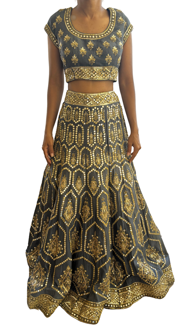 Charcoal & Gold Heavily Mirrored Lehenga