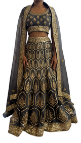 Charcoal & Gold Heavily Mirrored Lehenga