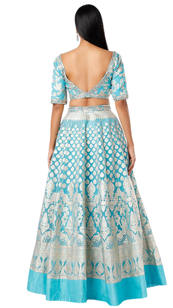 Bright Blue Based Organza Banarasi Lehenga