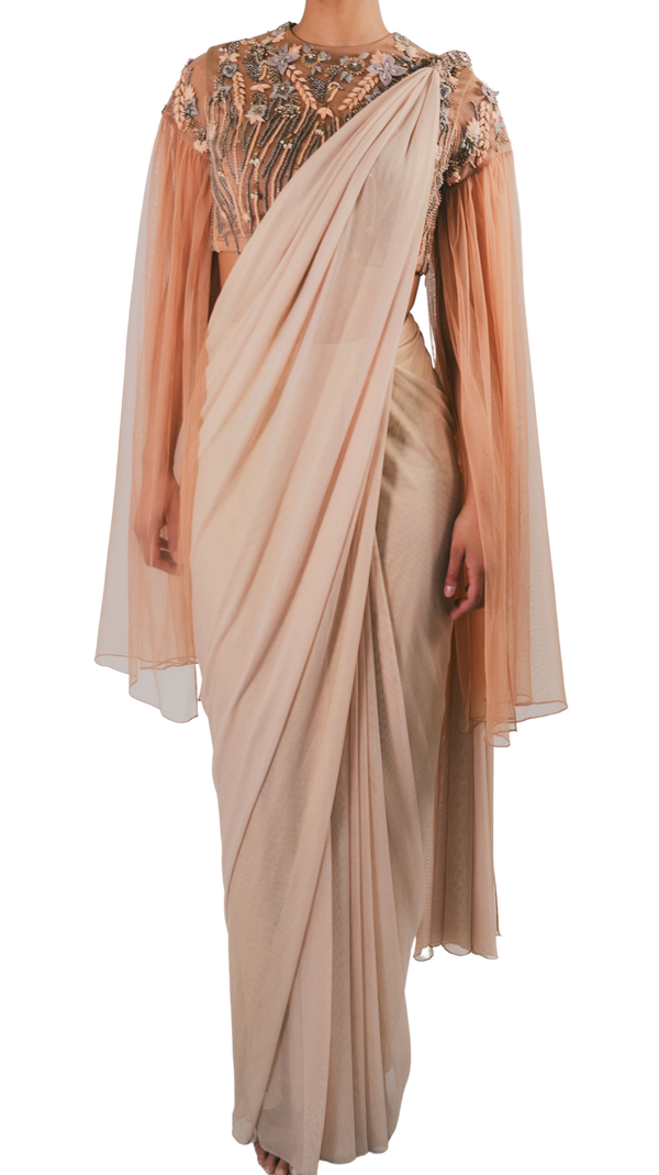 Peach and Grey Embellished Pre-Draped Cape Sari - Preserve