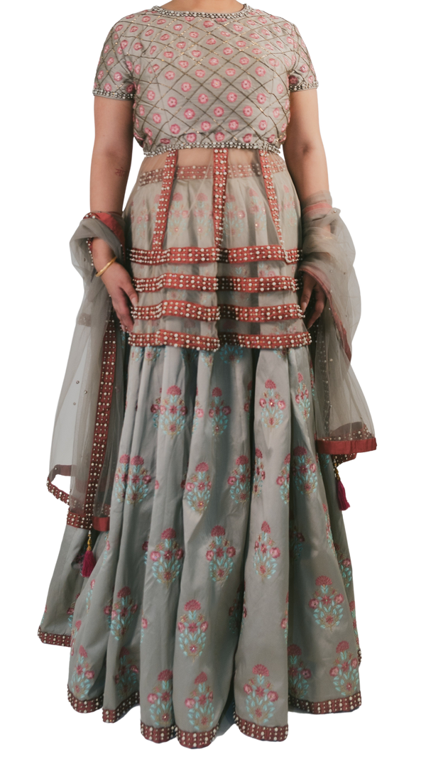 Grey Embroidered Peplum Top Lehenga Set - Preserve