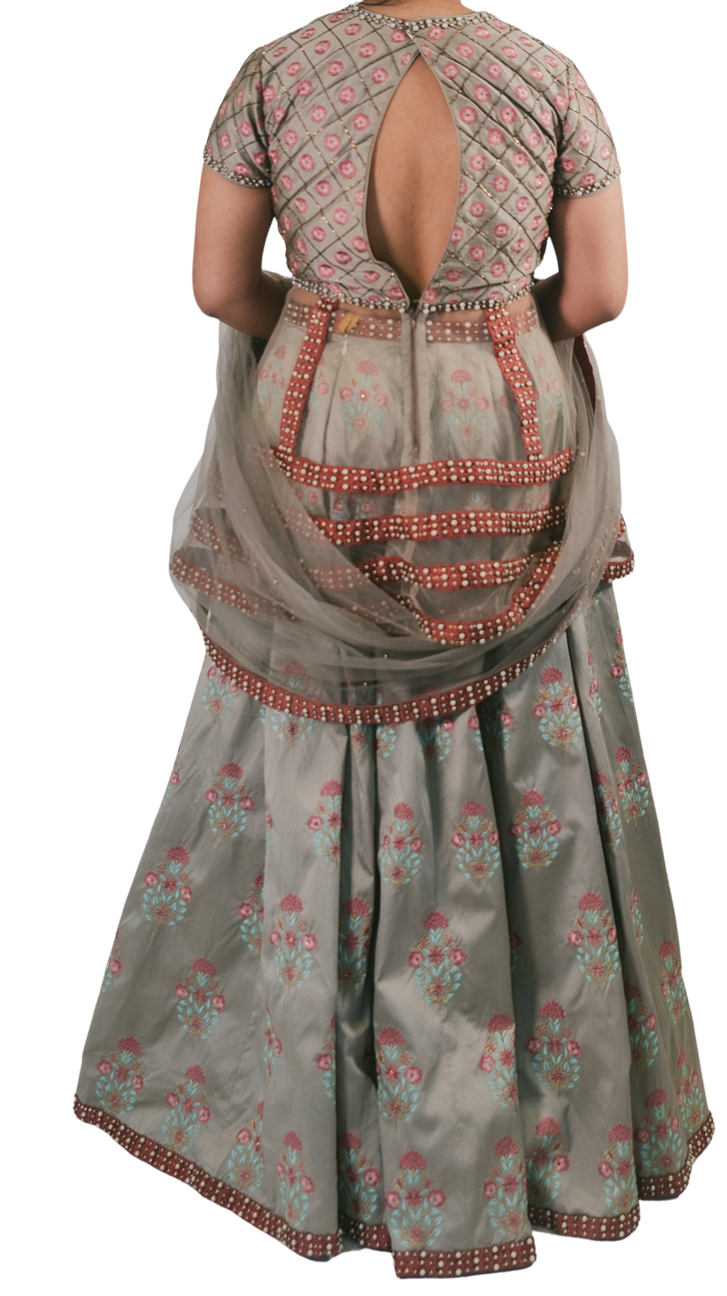 Grey Embroidered Peplum Top Lehenga Set - Preserve