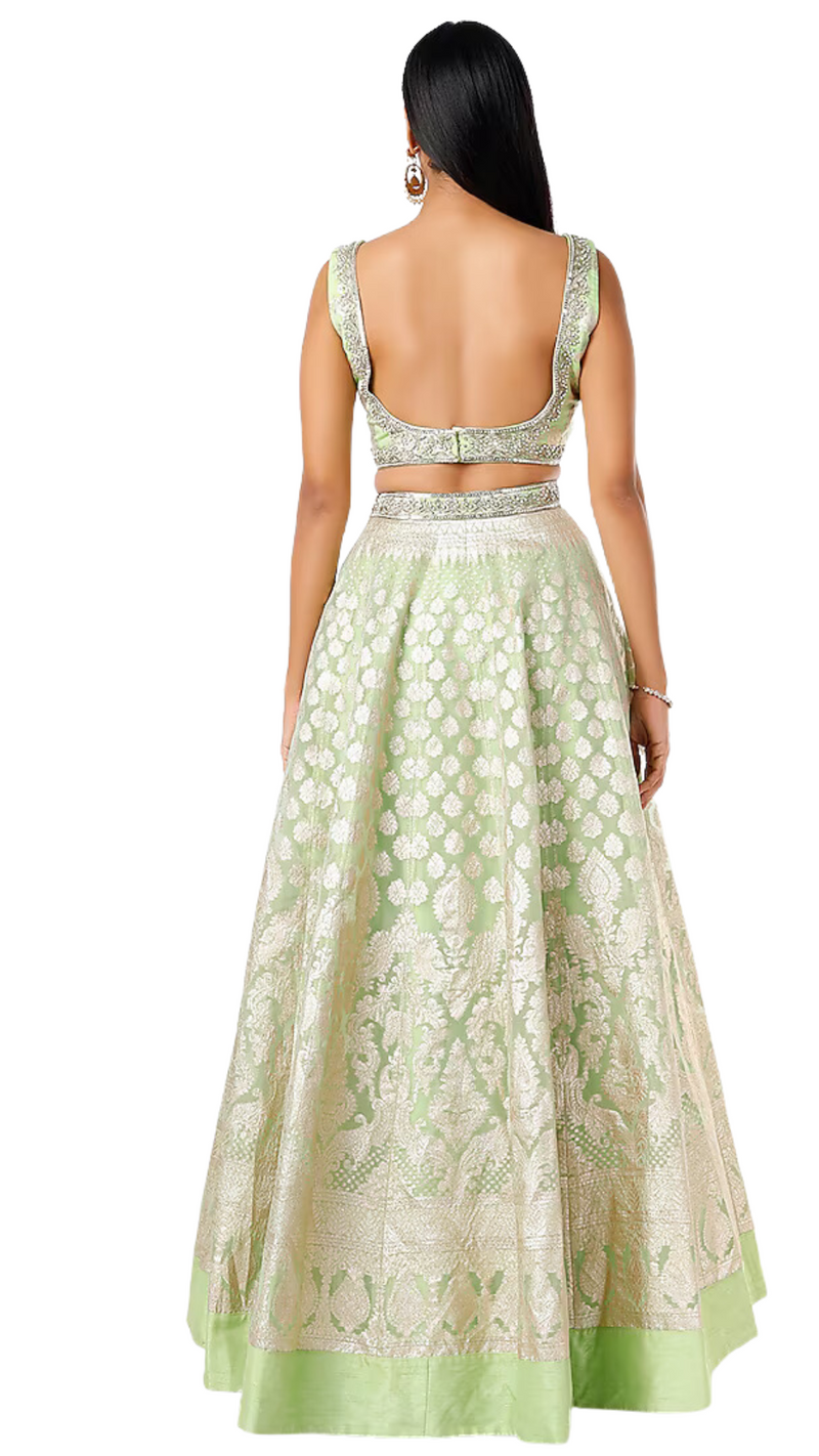 Lime Green Sleeveless Banarasi Lehenga