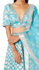 Bright Blue Based Organza Banarasi Lehenga