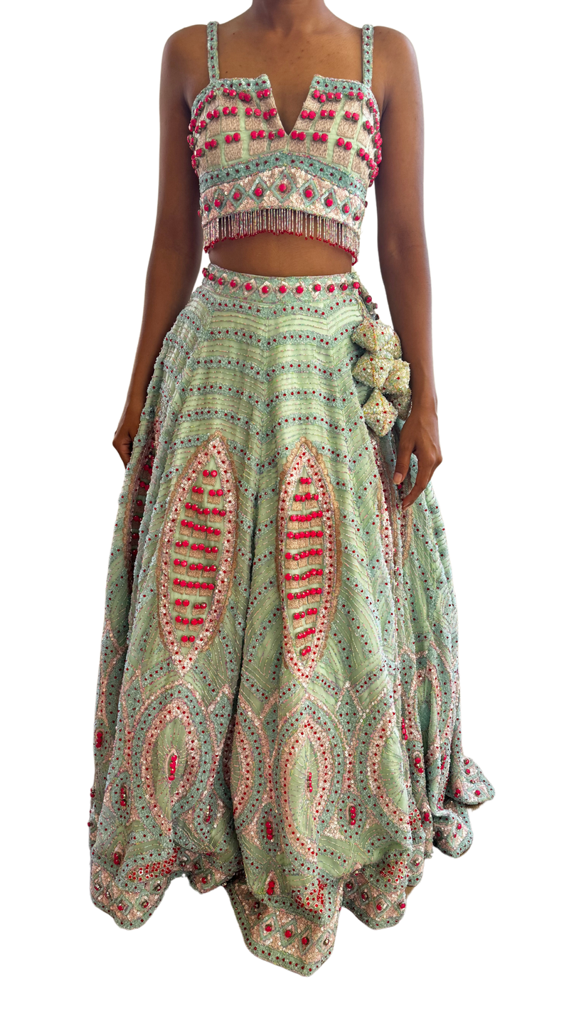 Candy Blue and Pink Heavily Beaded Lehenga