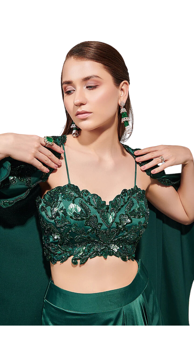 Emerald Green Embellished Draped Skirt Set