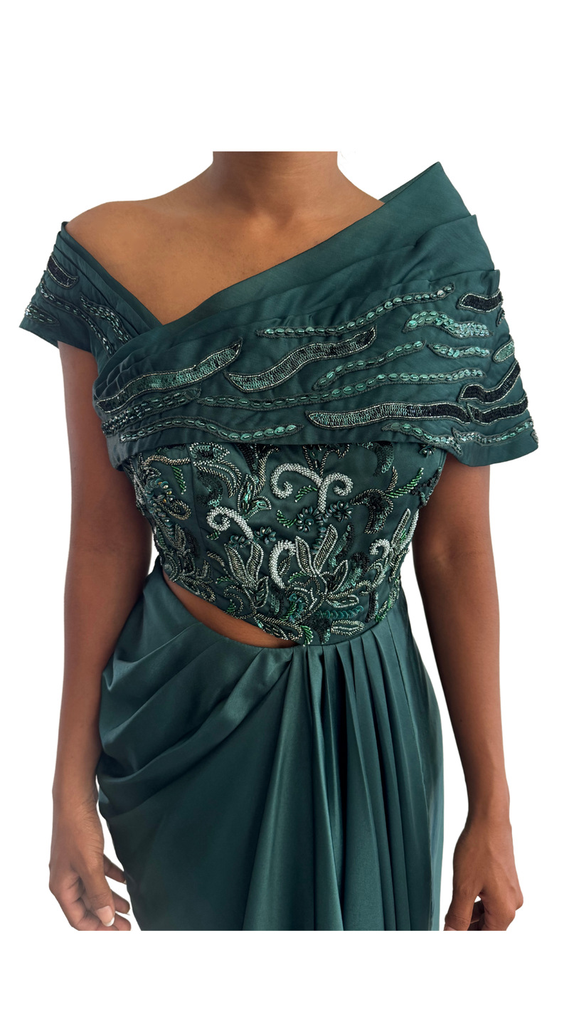 Emerald Green Embellished Draped Gown