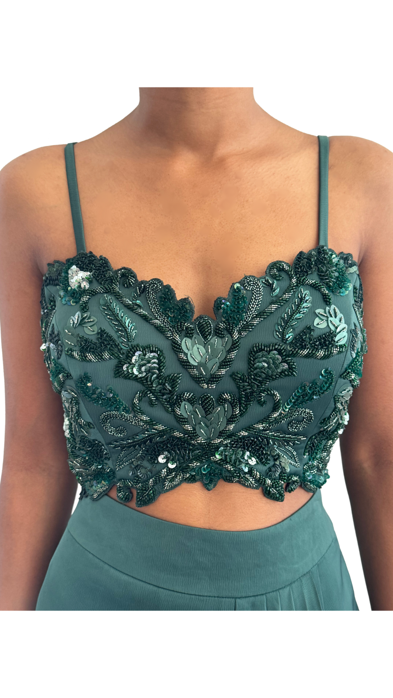 Emerald Green Embellished Draped Skirt Set