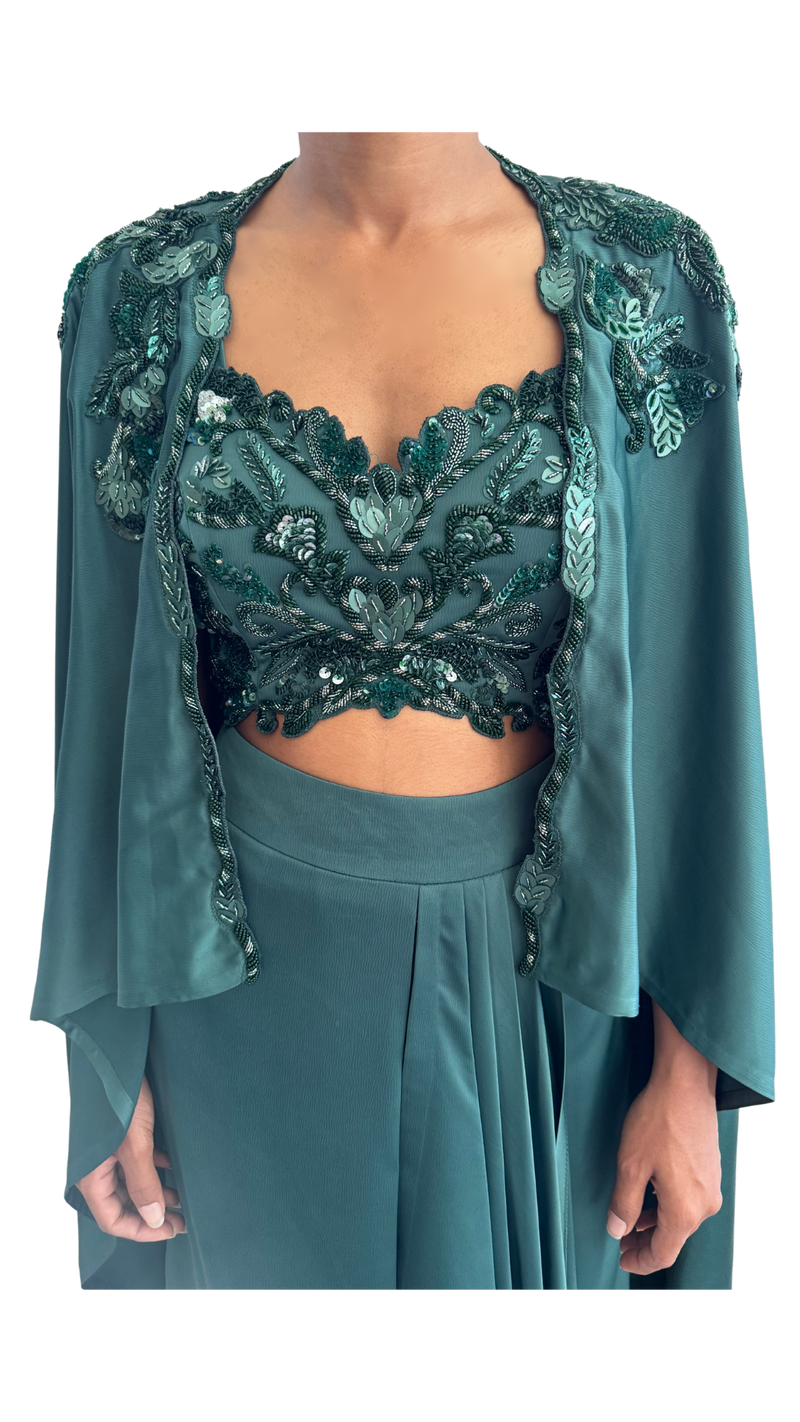 Emerald Green Embellished Draped Skirt Set