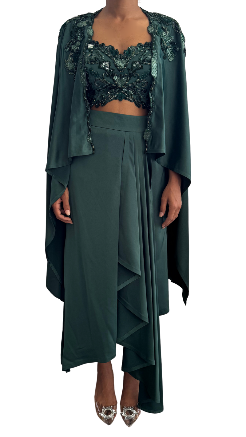 Emerald Green Embellished Draped Skirt Set