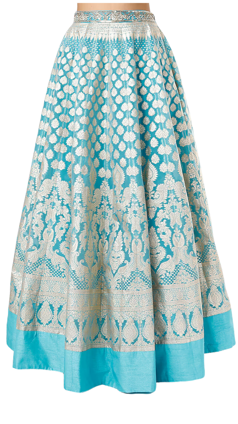 Bright Blue Based Organza Banarasi Lehenga