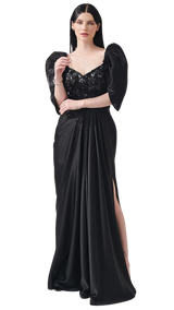 Black Beaded Puff Sleeve Draped Gown