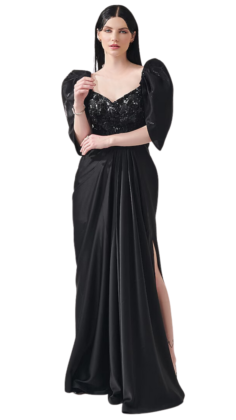 Black Beaded Puff Sleeve Draped Gown