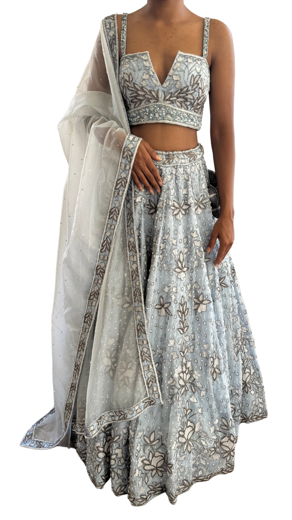 Baby Blue Lotus Motif Fully Beaded Lehenga