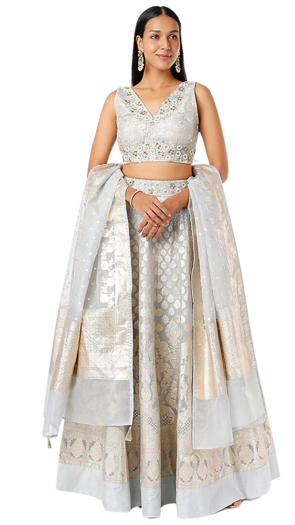 Powder Blue & Gold Georgette Lehenga