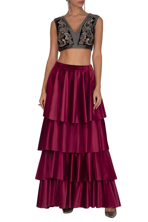 Pewter Embellished Crop Top With Velvet Tiered Lehenga