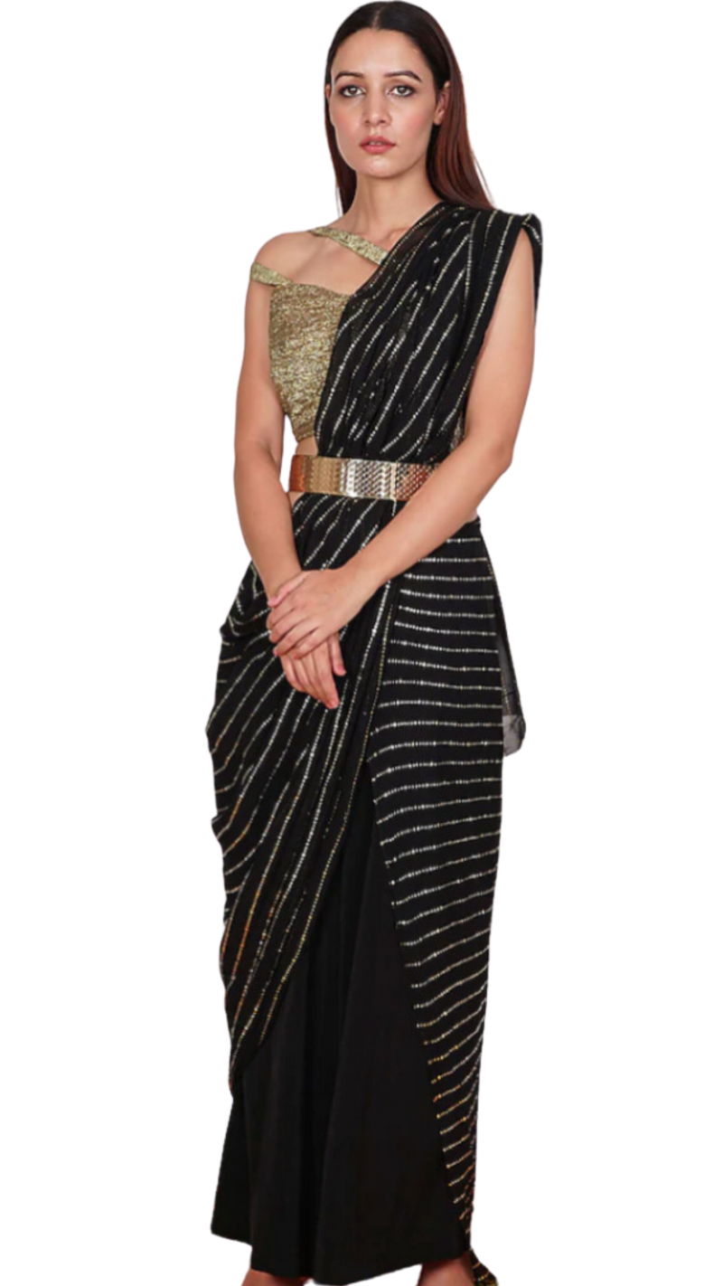 SAMPLE SALE: Black & Gold Pre-Draped Palazzo Pant Sari Set