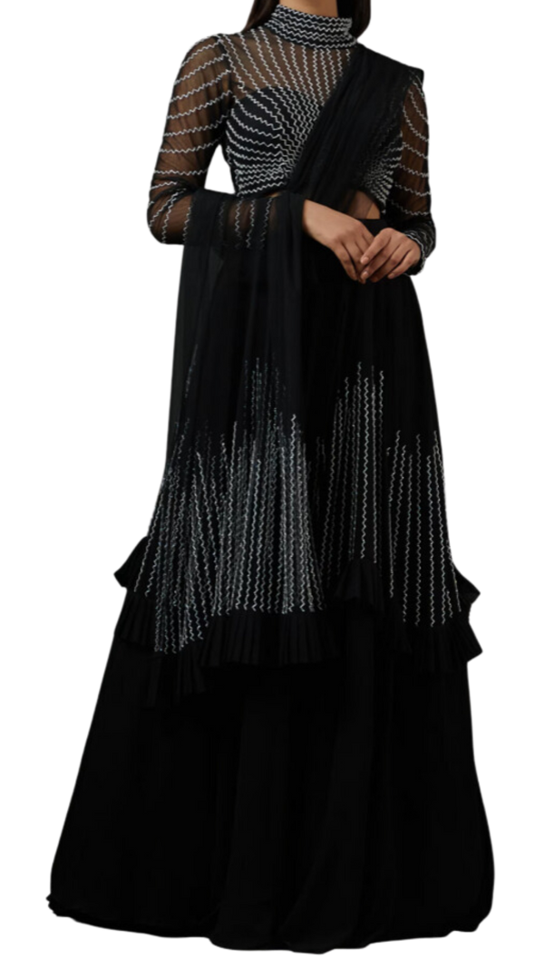 Black Ruffle Lehenga with White Beading