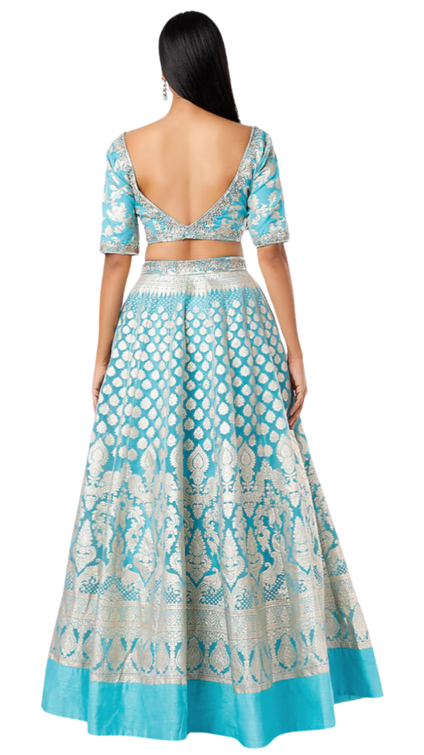 Bright Blue Based Organza Banarasi Lehenga