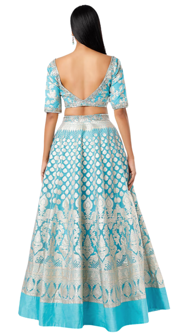 Bright Blue Based Organza Banarasi Lehenga