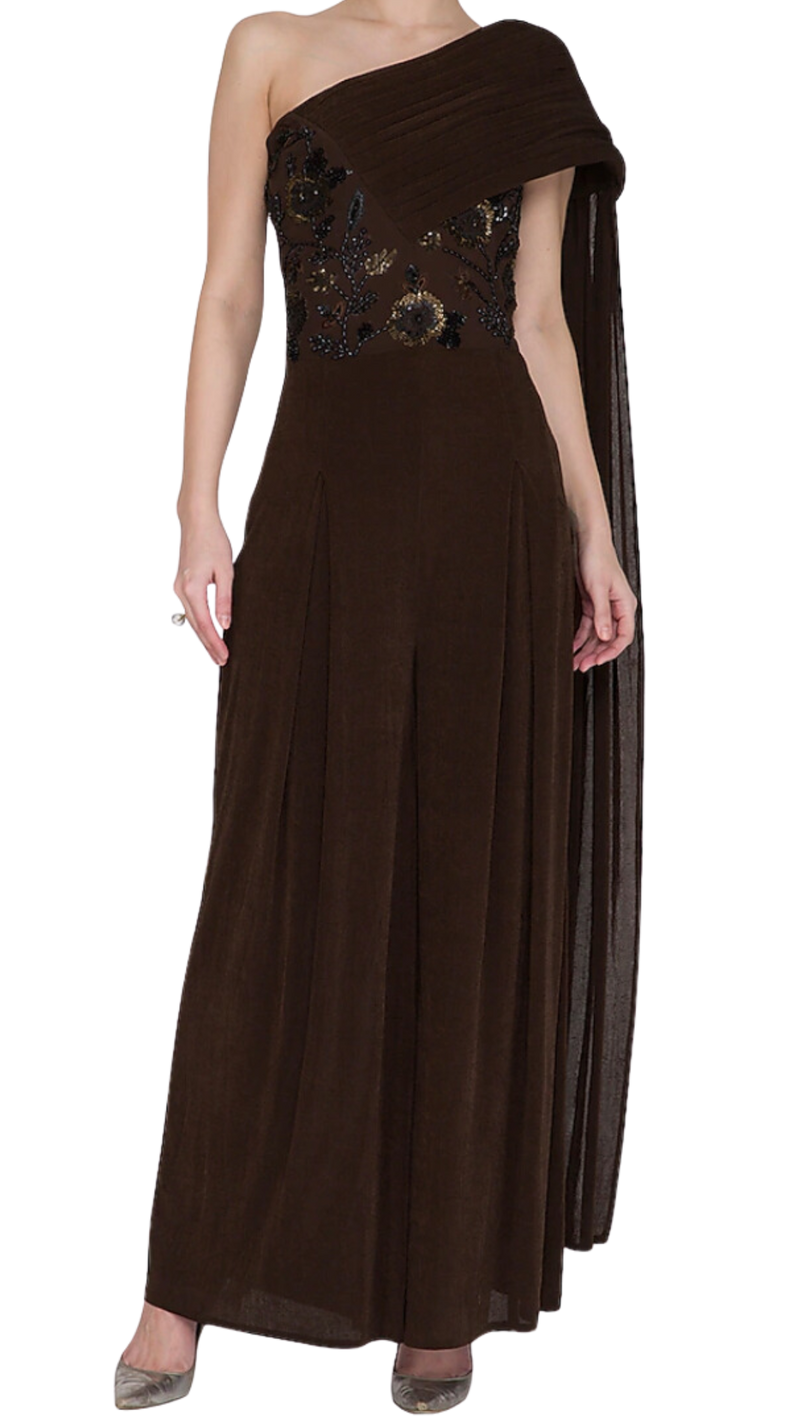 Chocolate Embellished Draped Cape Jumpsuit