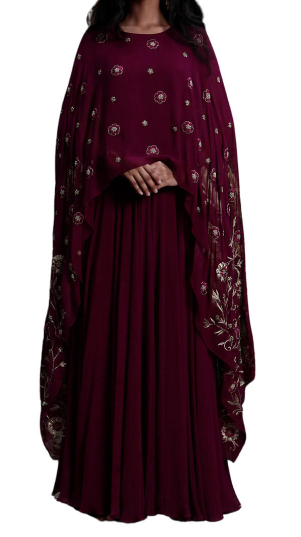 Deep Pink Embroidered Anarkali Cape Dress