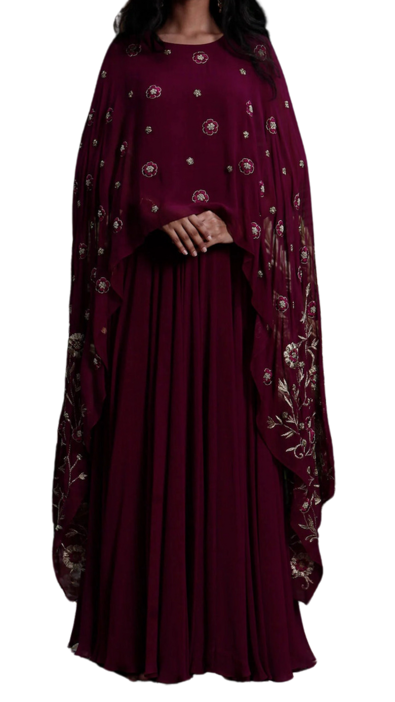 Deep Pink Embroidered Anarkali Cape Dress