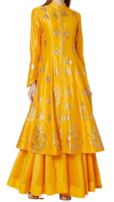 Gold and Yellow Swan Foil Print Kurta with Skirt